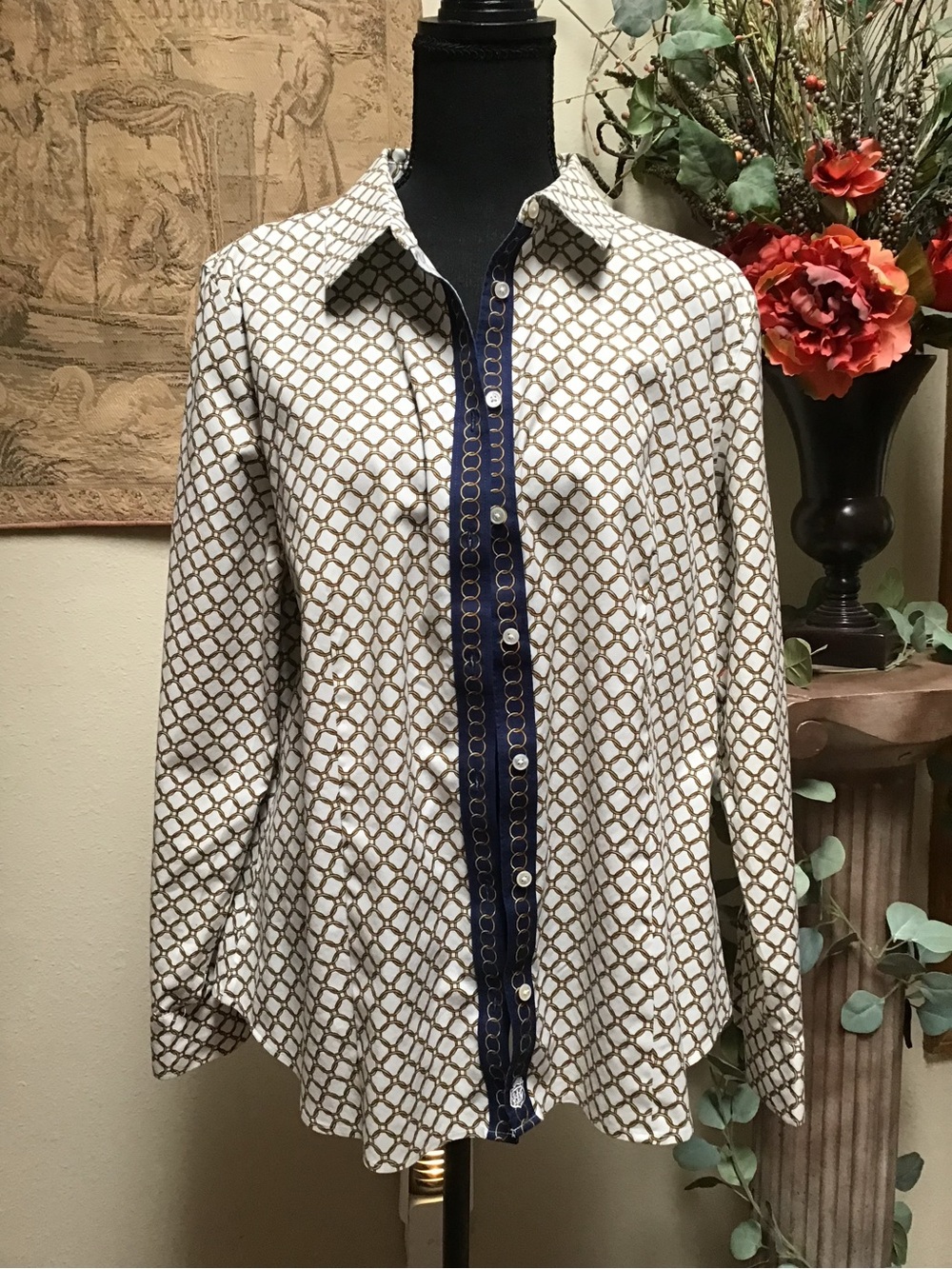 Talbots White Blouse with Gold Chain Print